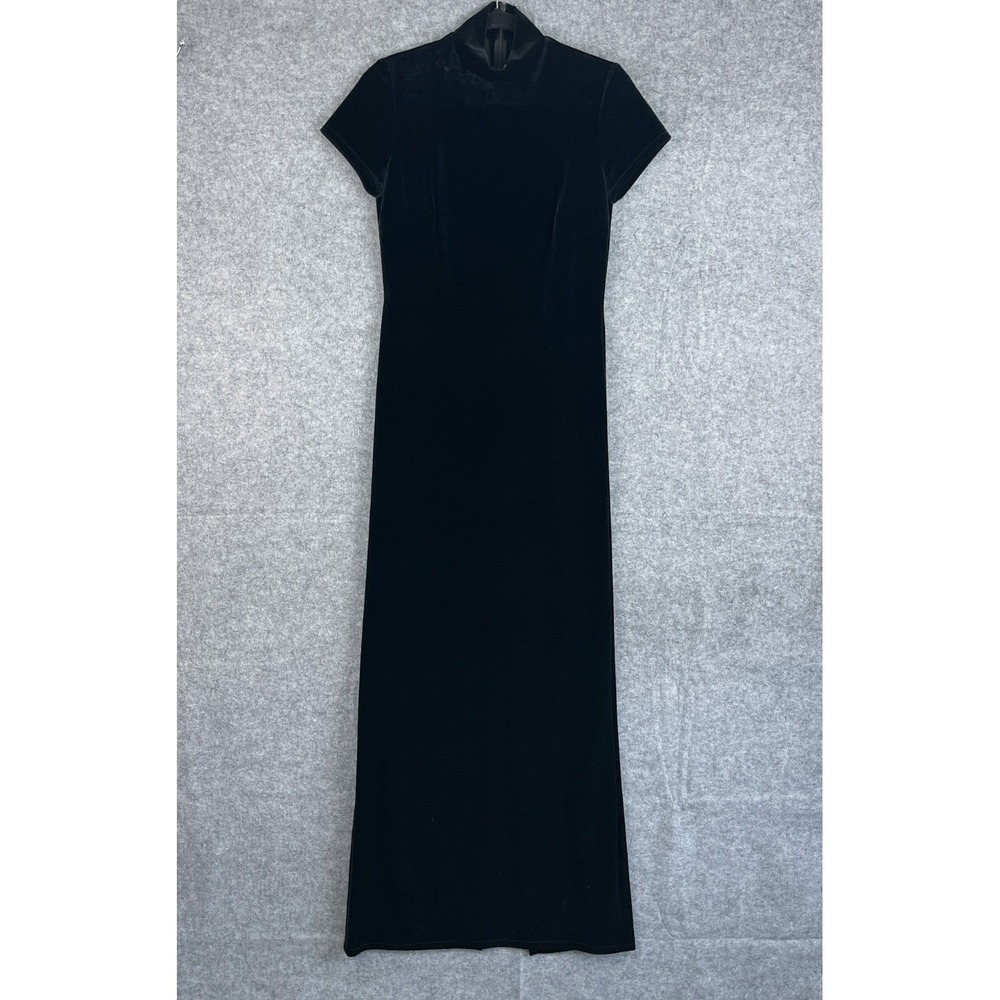 Vintage AJ Bari Velvet Maxi Dress Womens 6 Black Mock Neck Vampy Witchy Goth 90s